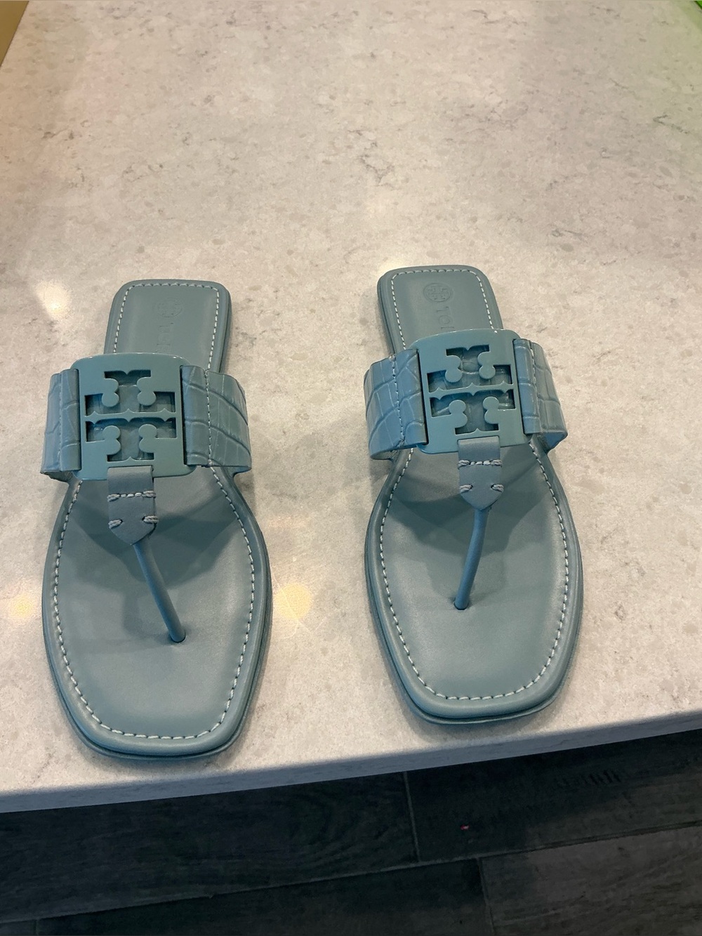 Tory Burch Light Blue Pebbled Leather Slide Sandals NEW